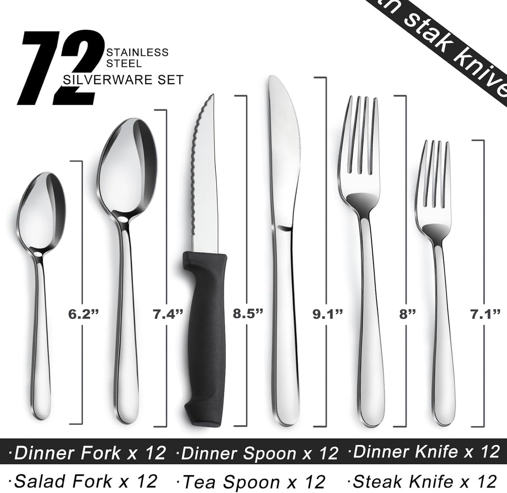 Premium 72-Piece Silverware Set for 12 – Stainless Steel Flatware with Elegant Design, Durable & Rust-Resistant